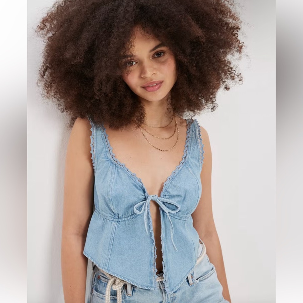 NWT American Eagle Outfitters Light Blue Denim Tie-Front Top